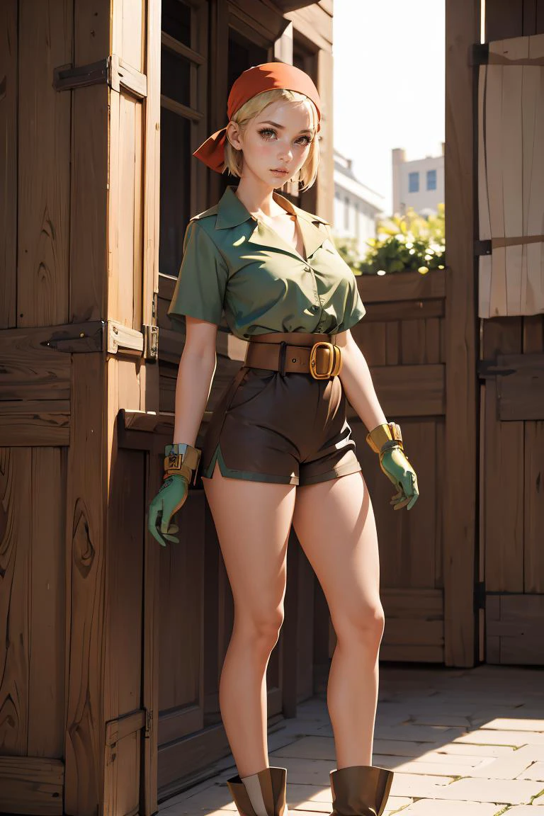 (masterpiece, best quality), 1girl, <lora:FinalFantasy_FemaleThief:0.8> ThiefFFT, short hair, blonde hair, brown eyes, bandana, green shirt, belt, brown shorts, gloves, boots,
