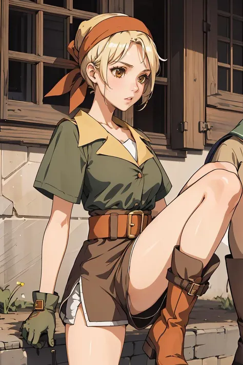 (masterpiece, best quality), 1girl, <lora:FinalFantasy_FemaleThief:0.8> ThiefFFT, short hair, blonde hair, brown eyes, bandana, green shirt, belt, brown shorts, gloves, boots,