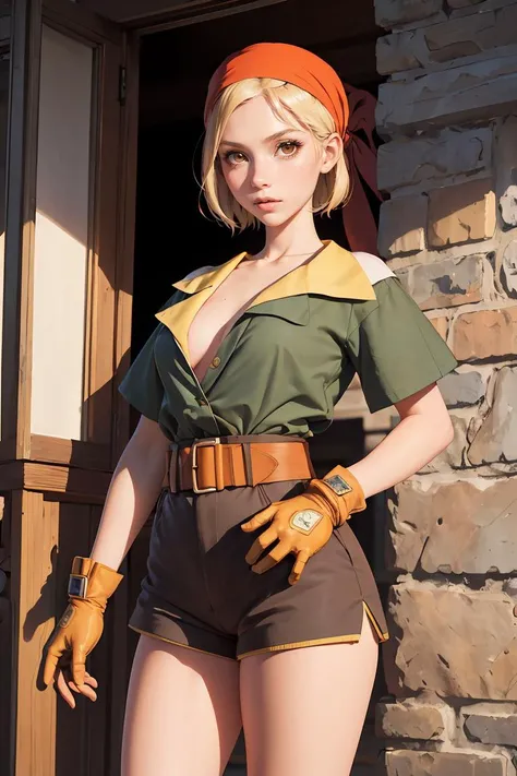 (masterpiece, best quality), 1girl, <lora:FinalFantasy_FemaleThief:0.8> ThiefFFT, short hair, blonde hair, brown eyes, bandana, green shirt, belt, brown shorts, gloves, boots,