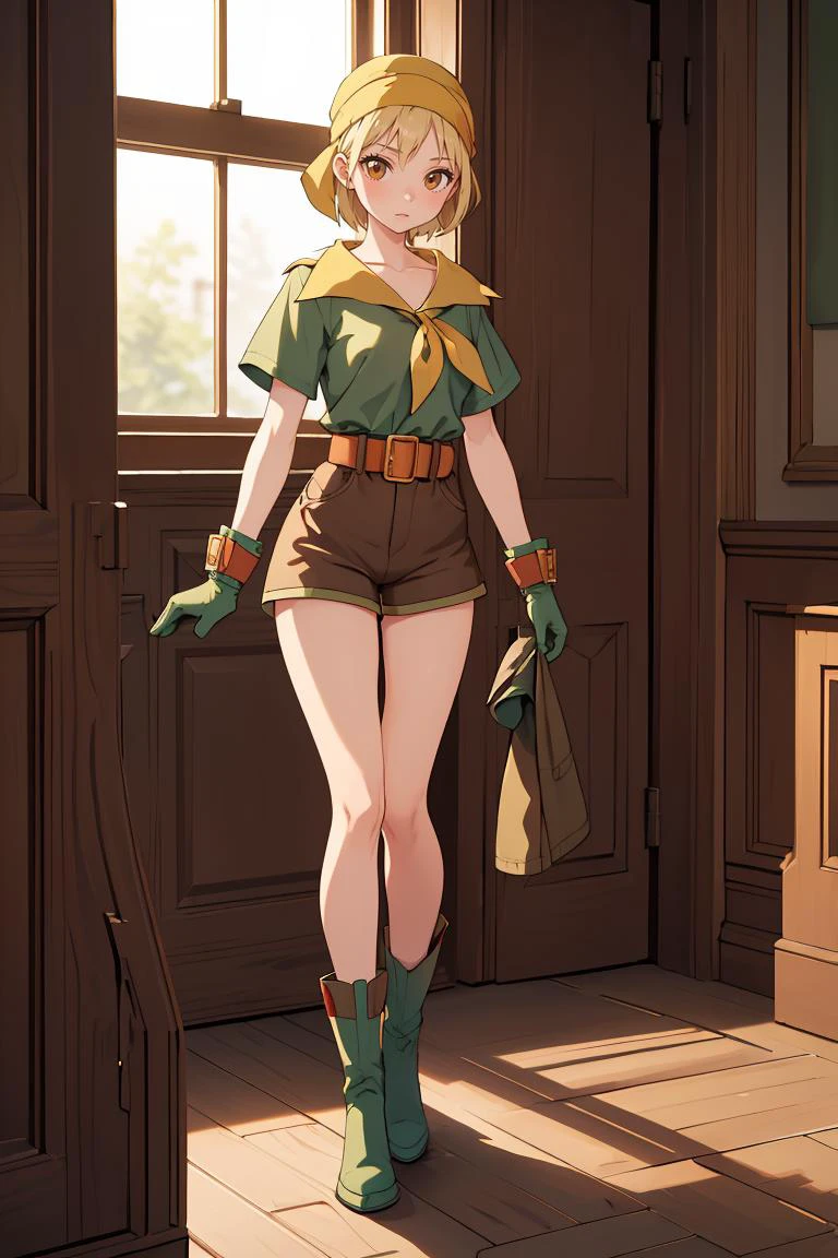 (masterpiece, best quality), 1girl, <lora:FinalFantasy_FemaleThief:0.8> ThiefFFT, short hair, blonde hair, brown eyes, bandana, green shirt, belt, brown shorts, gloves, boots,