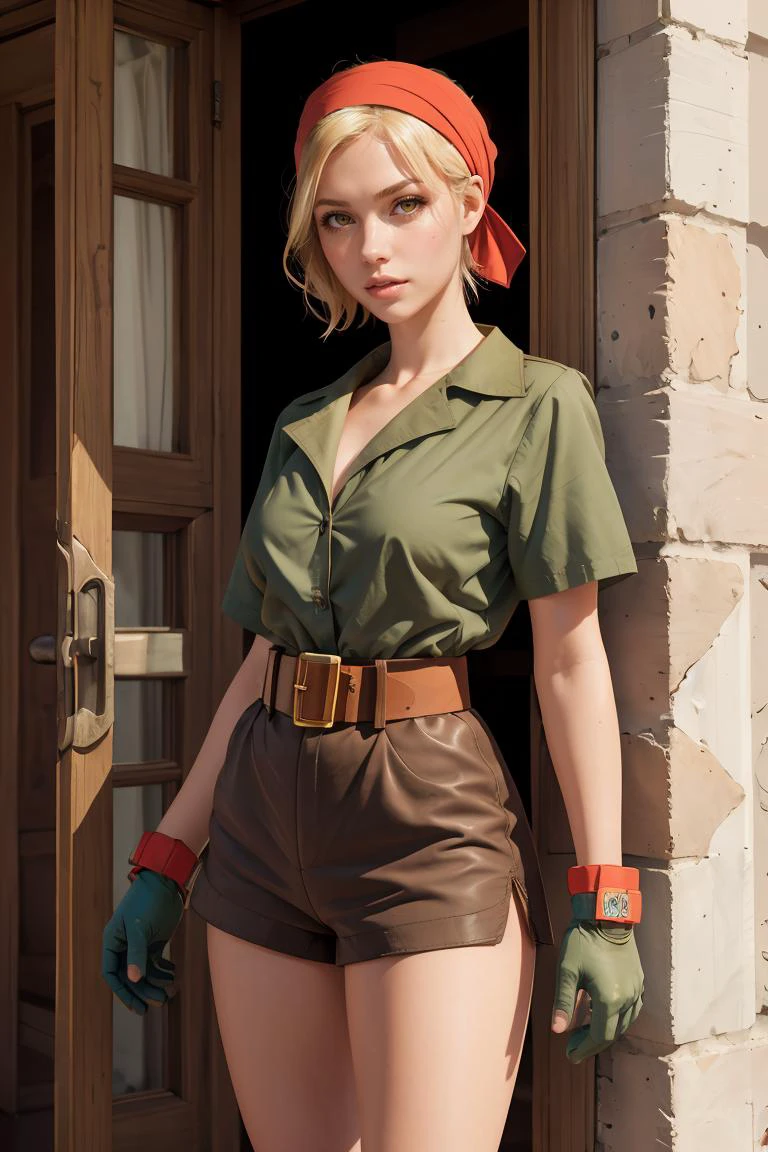 (masterpiece, best quality), 1girl, <lora:FinalFantasy_FemaleThief:0.8> ThiefFFT, short hair, blonde hair, brown eyes, bandana, green shirt, belt, brown shorts, gloves, boots,