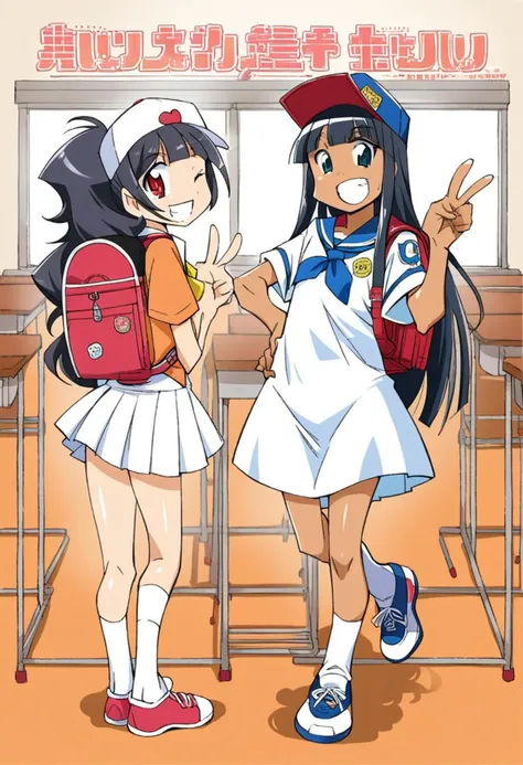 score_9, score_8_up, score_7_up, best quality, masterpiece, uncensored, source_anime
BREAK
1 girl, artist name, happy smile, enjoy, cheerful, slant eyes, sanpaku, wink, grin, looking at viewer, shoot from front, T-shirt, white skirt, cap, long hair, black hair, hime cut, socks, sneakers, flat chest, short stature, nipple, standing, peace sign, classroom, <lora:Fixhands_V1:0.7>, <lora:SatsukiItsukaStylebyRR:1>, randoseru,backpack