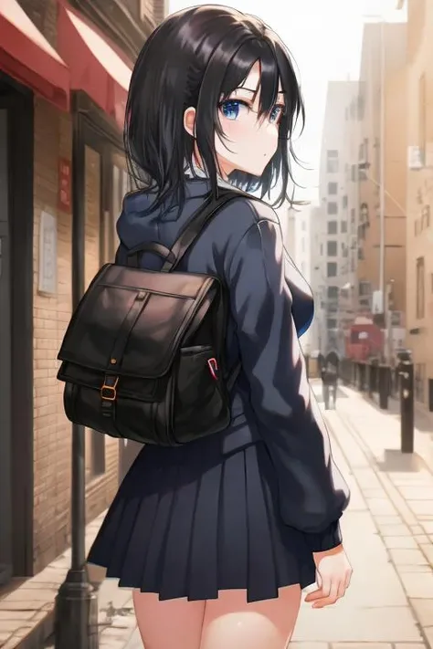 1girl,anime,black hair,blue eyes,  masterpiece,best_quality,street,arms behind back, <lora:TOKKYU-000010:1>
