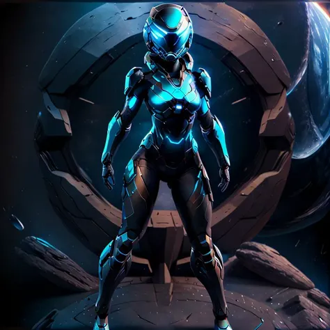 full body, 1girl, glowing eyes, blue, helm, night, space, black background, black bodysuit, simple background, <lora:SpacesKnigts3.2-000006:1>