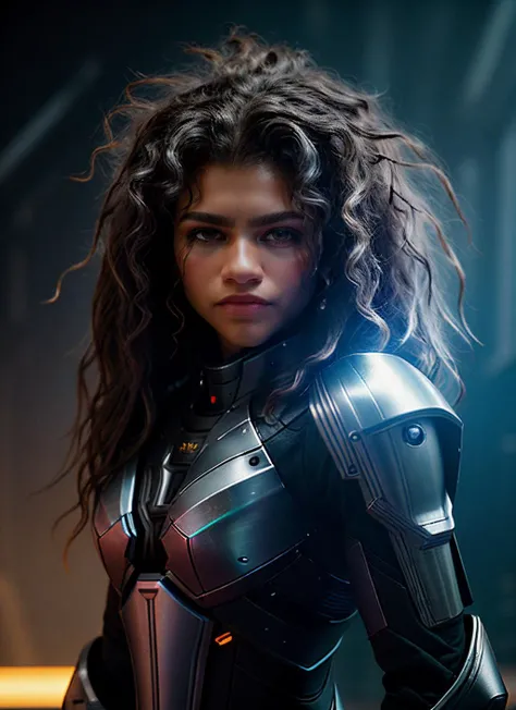 fullbody portrait of skswoman, messy hair, science fiction, armor, epic (photo, studio lighting, hard light, sony a7, 50 mm, matte skin, pores, colors, hyperdetailed, hyperrealistic), <lyco:Zendaya:1.2>