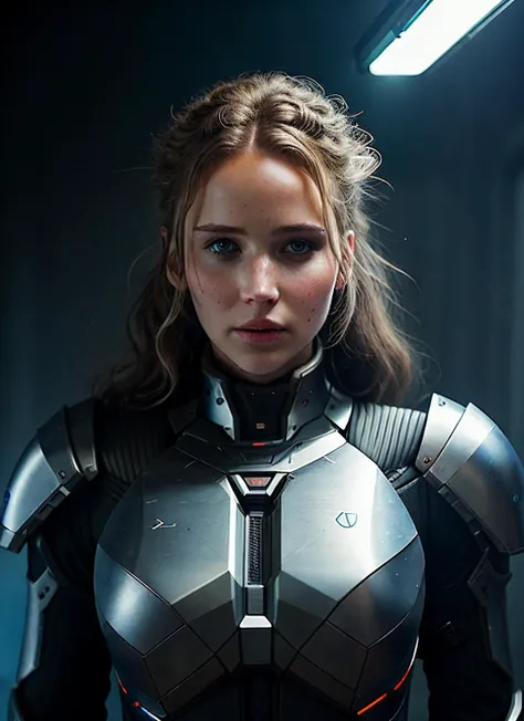 fullbody portrait of skswoman, messy hair, science fiction, armor, epic (photo, studio lighting, hard light, sony a7, 50 mm, matte skin, pores, colors, hyperdetailed, hyperrealistic), <lyco:Jennifer Lawrence:1.2> <lora:space_knights_2:0.6>