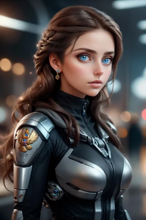 spacesknigts, 1girl, solo, long hair, looking at viewer, blue eyes, brown hair, jewelry, upper body, earrings, parted lips, blurry, lips, depth of field, blurry background, realistic, russian <lora:SpacesKnigts_2:0.8>