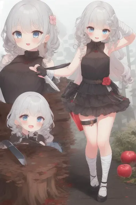 1girl, apple, armpits, bandaged_leg, blood_on_knife, blue_eyes, bookmark, camellia, checkered_background, curly_hair, earrings, gloves, gradient_background, grey_hair, multiple_views, open_mouth, smile, solo, sword, tree_stump, white_hair,