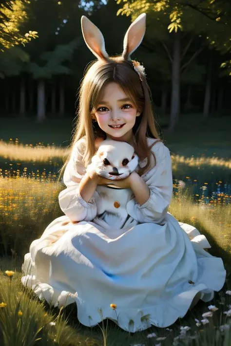 (masterpiece), (best quality), (extremely detailed), photorealistic, (1girl), solo, (pretty cute girl), looking at viewer, smile, slender, evenly sized eyes, extremely detailed eyes, alice in wonderland, hugging rabbit, own hands together, full body, outdoors, meadow, extremely detailed wallpaper, (parfect detail features), 8k, UHD,