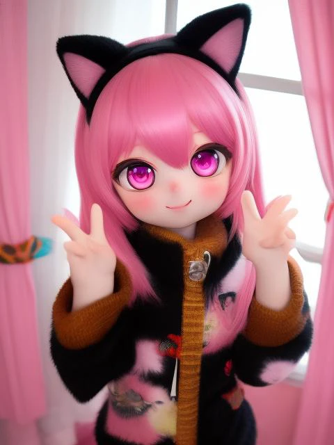 (masterpiece), (best quality), (extremely detailed), photo realistic, (1girl), solo, (pretty cute girl), looking at viewer, slender, smile, pink eyes, pink hair, cat girl, (black animal ears:2), (black tail:2), peace sign, pink kawaii room, pinky, standing, window, pink curtain, book shelf, cowboy shot, indoors, fluffy, extremely detailed wallpaper, (parfect detail features), 8k, UHD,