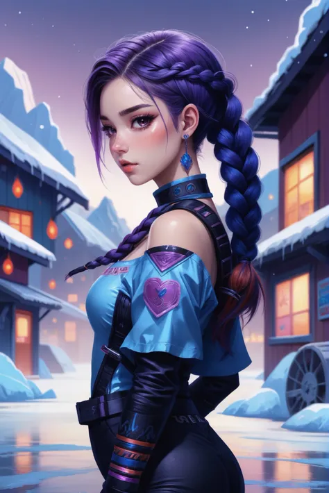 digital painting, 1girl, woman, alt sweet girl, cute, intricate costume design,punk hair, bombshell hair, multicolor hair with purple highlights, French Braid, lightskyblue clothes, thick thighs, narrow waist, korean, magical,cosmic scifi village in a Polar Ice Caps<lora:EnvyStarlightBeauty13:1.25>