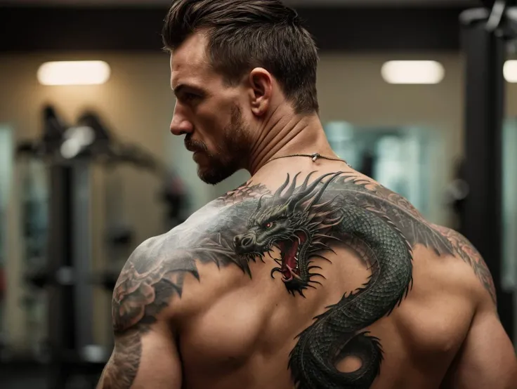 cinematic film still realistic photo of the back of a muscular man with dragon tattoo, back tattoo, look away, gym as background, indoors <lora:DragonTattoo:0.6> . shallow depth of field, vignette, highly detailed, high budget, bokeh, cinemascope, moody, epic, gorgeous, film grain, grainy