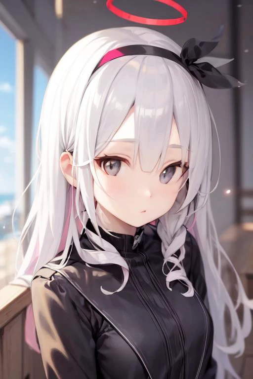 arona_\(hei\), solo,masterpiece, best quality,grey eyes,a red halo, white hairband, hair bow, <lyco:cailaiarona-000007:0.7>