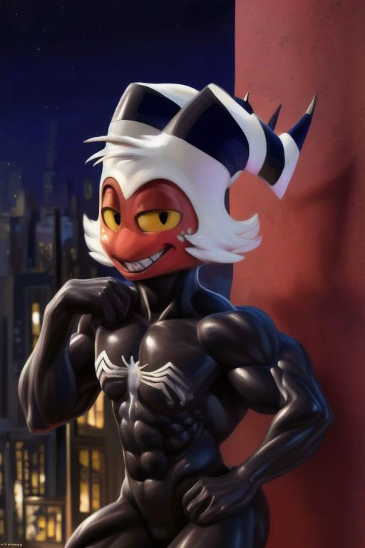 male, solo, ((((moxxie))), tail), solo anthro, male, detailed realistic photorealism, (by chunie:1), masterpiece, (best quality), (hi res, detailed, photorealistic:1.7), hyperrealistic, (detailed muscles:1.6),, ((sticking to wall)), (Spider-Man pose), looking at viewer, smile, flexing, (black suit:1.2), (perfect face, beautiful face), (white venom symbol on chest:1.3), (New York City skyline night:1.5), suspended in air,(( New York City:1.2)), ((red face)), (moxxie face only:1.6)), Venom, grin, ((cinematic lighting)), <lora:moxxie:1>, <lora:Symbiote:0.9>,