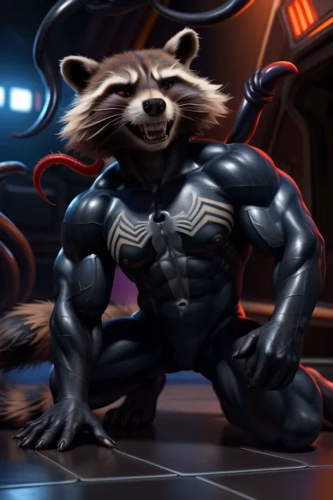 , furry male, solo, raccoon boy, (by Meesh), (by darkgem:0.8), (by chunie:1), masterpiece, (best quality), (hi res, detailed, photorealistic:1.7), hyperrealistic, (detailed muscles,:1.6) looking at viewer, snout, smile, flexing, (tendrils emerging from floor:1.6) , black slime tendrils emerging from back, goo, black slime, suspended in air,,( destroyed spaceship background:1.2), black goo, (( rocket raccoon face only)), Venom, grin, ((cinematic lighting)), <lora:rocket raccoon:1>, <lora:Symbiote:0.9>,