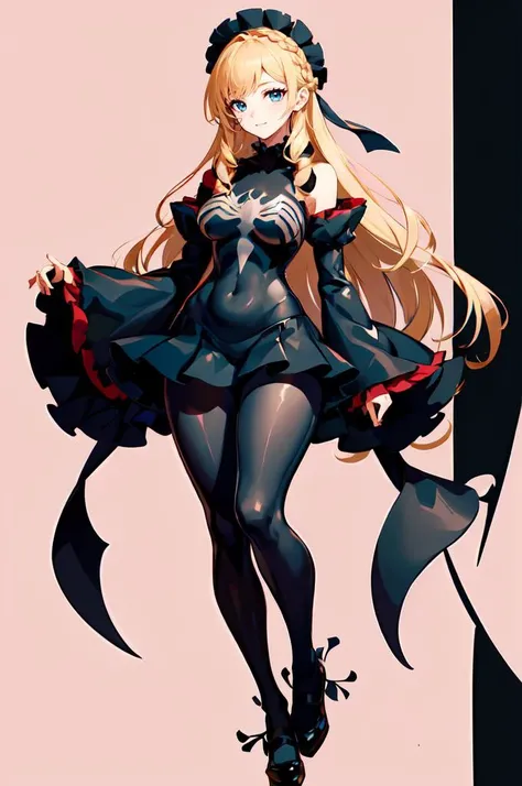 <lora:She Venom LoCon:1> she venom, black bodysuit,, ultra detailed, masterpiece, best quality, aesthetic, detailed,, solo, soft smile, light smile,
1girl, blue eyes, very long hair, blonde hair, long blonde hair, french braid, bangs, medium breasts,, hair ribbon, frilled choker, criss-cross halter, sleeveless dress, high-waist skirt, backless dress, waist bow, detached sleeves, frilled sleeves, wide sleeves, pantyhose, patterned legwear, mary janes,