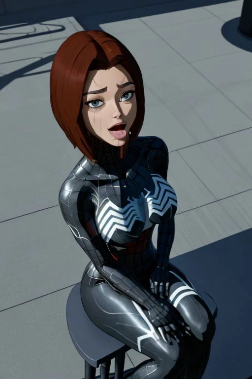 high angle amateur photo of close up on face of new_MJ, Sitting on a stool with one leg raised, asymmetric boobs, (large boobs), huge boobs, possessed by venom, venom covering most of the body, symbiote, 1women face, (pleasured look), (open mouth), (tongue sticking out), showing the white of eyes, (humiliation:1.3), (resisting venom), failed resistance, shiny skin, direct flash photography