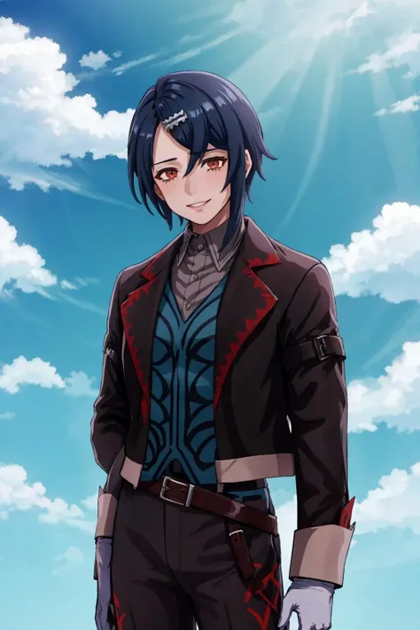 masterpiece, best quality, solo, 1boy, looking at viewer, smile, <lora:AlcrystFE-bsinky-v1:0.9>, casAlcryst, white gloves, black jacket, hairclip, collared shirt, belt, black pants, <lora:FE-ENGAGE S Rank_Fp:1>, sky, cloud,
