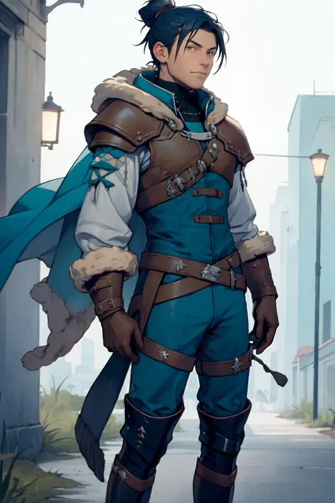 best quality, Mature male, looking over one shoulder, <lora:felix-nvwls-v1-final:.9> warFelix, fur trim, capelet, teal jacket, brown gloves, armor, belt, teal pants, thigh boots