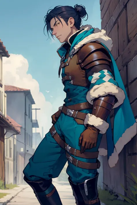 best quality, Mature male, looking off into the distance, <lora:felix-nvwls-v1-final:.9> warFelix, fur trim, capelet, teal jacket, brown gloves, armor, belt, teal pants, thigh boots