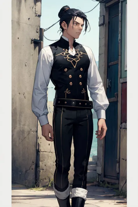 best quality, Mature male, looking off into the distance, <lora:felix-nvwls-v1-final:.9> defFelix, white shirt, black vest, belt, black pants, white boots,