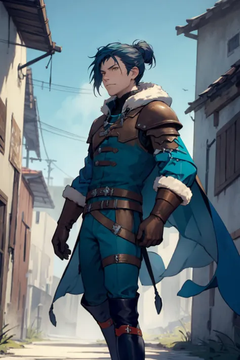 best quality, Mature male, looking off into the distance, <lora:felix-nvwls-v1-final:.9> warFelix, fur trim, capelet, teal jacket, brown gloves, armor, belt, teal pants, thigh boots