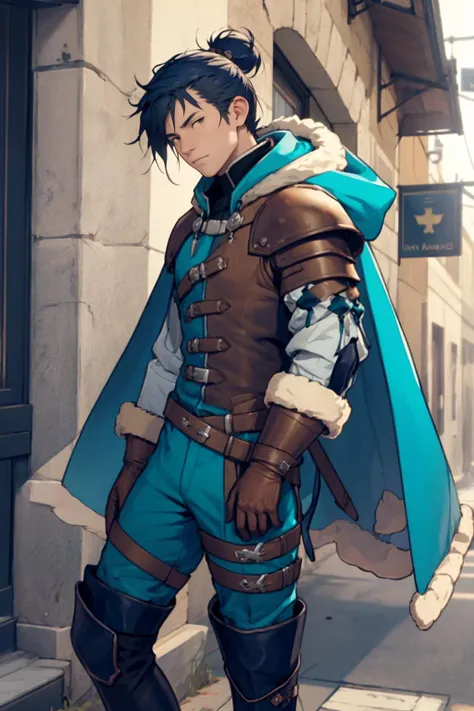 best quality, Mature male, Looking off to the side, <lora:felix-nvwls-v1-final:.9> warFelix, fur trim, capelet, teal jacket, brown gloves, armor, belt, teal pants, thigh boots