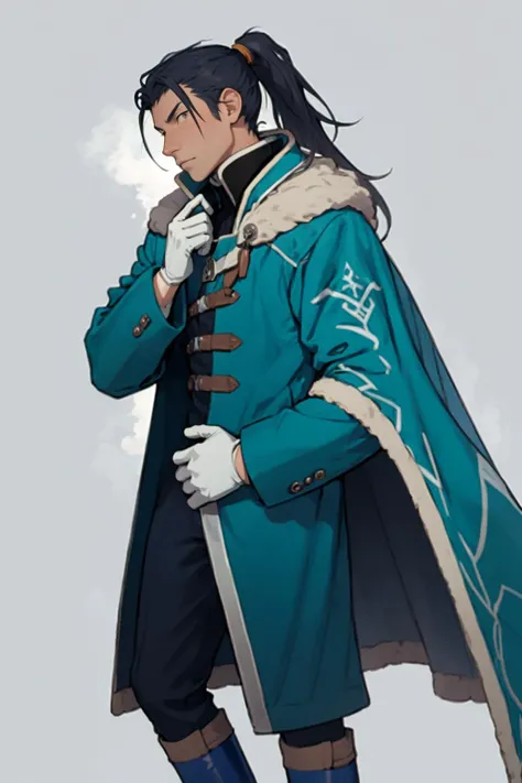 best quality, Mature male, Environmental portrait, <lora:felix-nvwls-v1-final:.9> hopesFelix, ponytail, teal cape, teal coat, white gloves, blue boots,