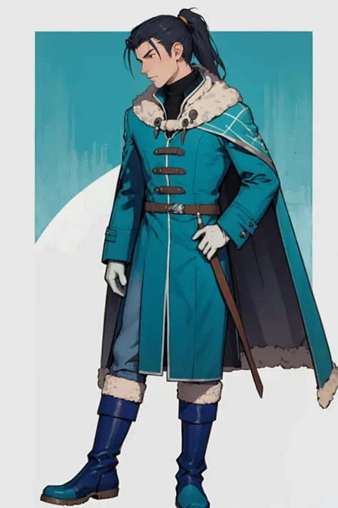 best quality, Mature male, Looking down, <lora:felix-nvwls-v1-final:.9> hopesFelix, ponytail, teal cape, teal coat, white gloves, blue boots,