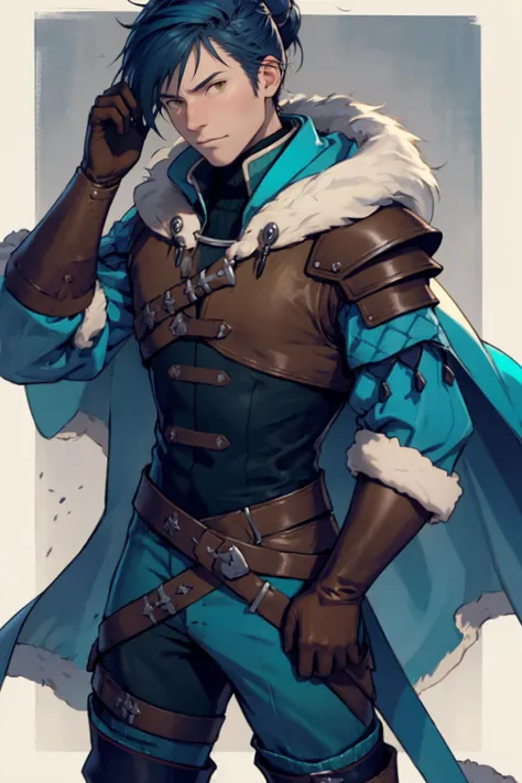 best quality, Mature male, Environmental portrait, <lora:felix-nvwls-v1-final:.9> warFelix, fur trim, capelet, teal jacket, brown gloves, armor, belt, teal pants, thigh boots