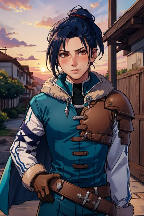 masterpiece, best quality, warFelix, fur trim, capelet, teal jacket, brown gloves, armor, belt, teal pants, upper body, looking at viewer, sunset, pink sky, blushing, surprised <lora:felix-nvwls-v1-000010:0.9>