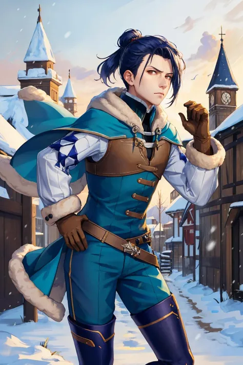 <lora:felix-nvwls-v1-final:1> warFelix, fur trim, capelet, teal jacket, brown gloves, armor, belt, teal pants, thigh boots
masterpiece, best quality, absurdres, snow, medieval village, frown, looking at viewer, dynamic pose
