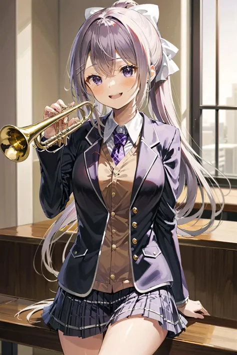 <lora:kaede_xl_16dim_d2:0.9>,higuchi kaede,smile,indoors,blazer,cowboy shot,holding silver trumpet