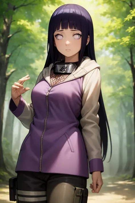 masterpiece, best quality,
 forest, cowboy shot, hinata_shippu, long hair, two-tone jacket, hood down, konohagakure symbol, forehead protector, pants, expressionless, fishnets   <lora:Hinata:1>