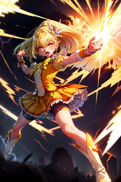 masterpiece,best quality,((SFW)),1girl,cure peace,wing hair ornament,wrist cuffs,yellow bike shorts,shorts under skirt,white boots,(shouting,serious),fighting stance,action pose,attack,punching,(yellow lightning,surrounded by yellow lightning,Shooting lightning from her hand:1.2),sparkle,motion lines,motion blur,shockwave,blast wave,cowboy shot,<lora:locon_cure_peace_01:0.9>,<lora:LightingVFX:0.3>,<lora:Concept-control tool-add_detail-CyberAIchemist:1>,