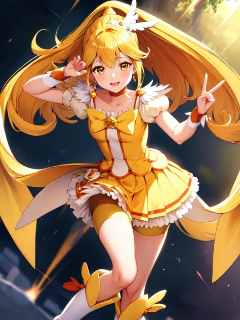 masterpiece, best quality, looking_at_viewer, depth_of_field, smile, standing, full_body,
1girl, <lora:locon_cure_peace_01:0.9>, cure peace, wing hair ornament, wrist cuffs, yellow shorts, shorts under skirt, white boots,