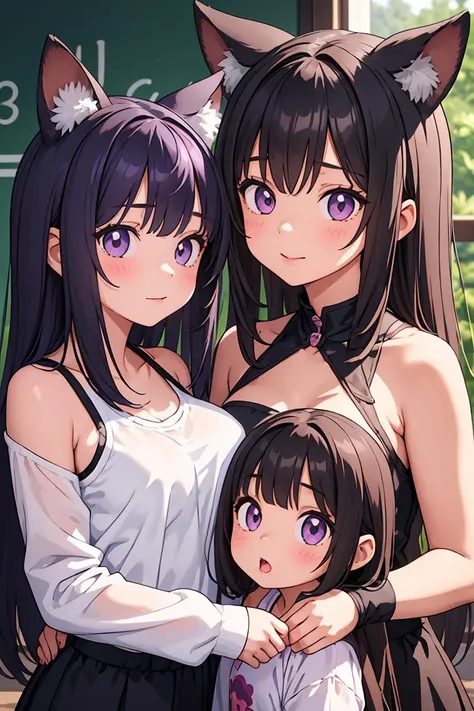 (masterpiece, best quality), 2girl, Violet Messy Fringe with Tapered Sides, Sizes I to L breasts, <lora:amagami-001_0.7:0.8> girl behind , girl taking animal ear in mouth