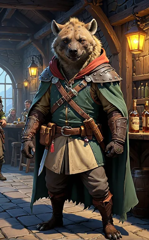 1 man. The mixing race ratio between the hyena and the human is 8:2, and he is dressed as a small outfitter, traveler. He also has one eye and holds a rum bottle of alcohol in one hand and a classic musket pistol in the other. Wearing a light hood and cape, Dungeons & Dragons' Gnoll Race
Break, The background is a lively tavern near the port.
Break, full shot, cinematic lighting, dramtic Scene,High quality 3D rendering, fantasy, Pixar 3D character design style.
<lora:add-detail-xl:0.8>, <lora:xl_more_art-full_v1:0.5>,