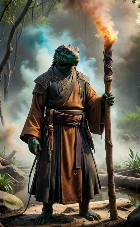 1 Lizard Man, worn for a long time Komodo dragon, a monk wearing a wool Religious habit, leaning on a wooden stick in one hand
Break, The background is a huge swamp with a mixture of different colors of smoke swirling around and softly glowing runes engraved on the bottom.
Break, full shot, cinematic lighting, dramtic Scene,High quality 3D rendering, fantasy, Pixar 3D character design style, ZBrush  high-polygon modeling,
<lora:add-detail-xl:0.8>, <lora:xl_more_art-full_v1:0.5>,  <lora:Arcane:0.6> ais-rcn,  <lora:CinEro-Anatomy-LoRa-XL_v1.1:0.5>