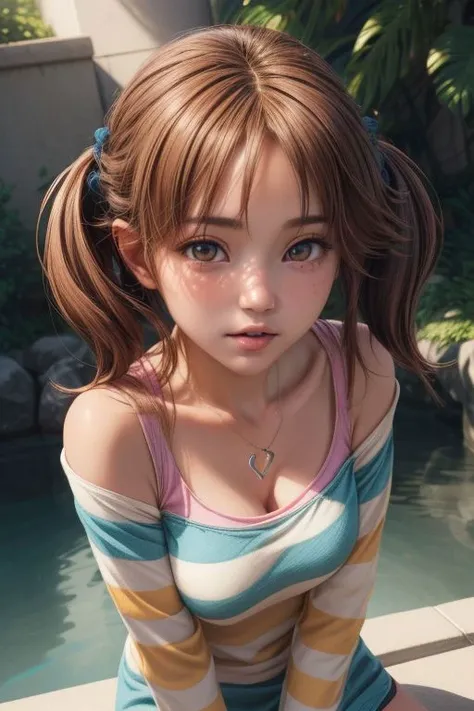 totoki airi, brown hair, brown eyes, twintails,striped shirt, thighhighs, jewelry, heart necklace, ((pretty face, skin indentation, eyes reflection, stunning eyes, rim lighting, skin shading, sub surface scattering)), (masterpiece, best quality, ray tracing, volumetric lighting, ssao shadows, detailed, intricate),((portrait)), <lora:add_detail:1> <lora:idolmaster_totoki:1>