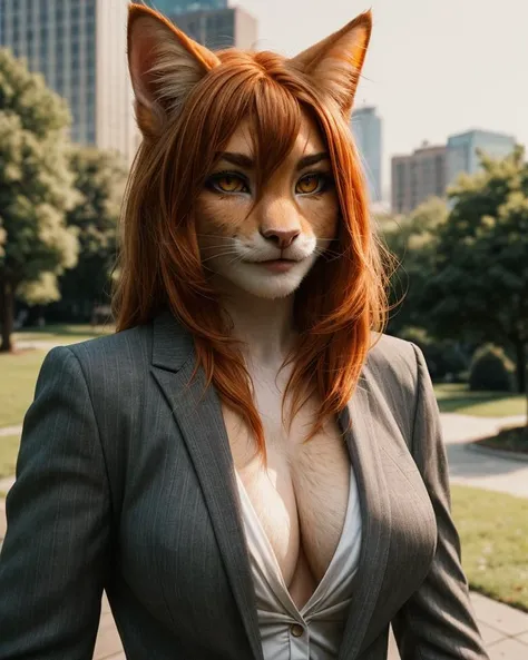 instagram style, realistic photo, bust shot, solo, beautiful anthro cat woman, ginger hair, (detailed orange tabby fur:1.2, thick fur, fluffy fur, fur over body), muscular, yellow eyes, breasts, business suit,
BREAK, analog style, shot on kodak portra 400 film, 4k, extreme detail, park setting,