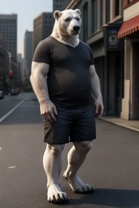 anthro polar bear, male, adult, chubby, shorts, Black shirt, barefoot, full body, standing, realistic fur, realistic eyes, detailed eyes, realistic hands, detailed fur texture, empty background, city background, photorealistic,