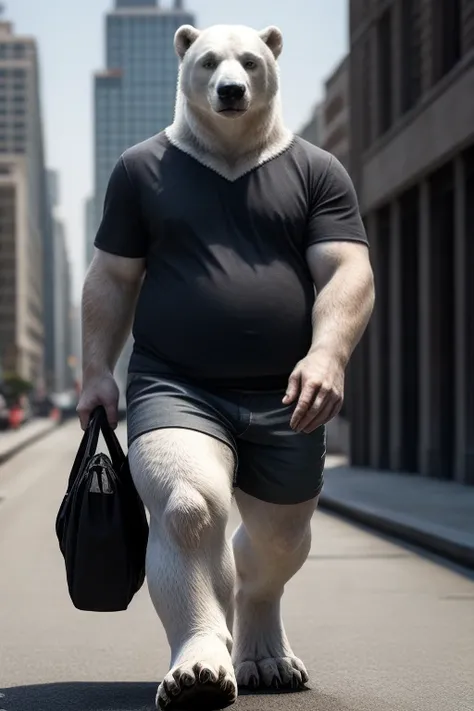 anthro polar bear, male, adult, chubby, shorts, Black shirt, barefoot, full body, walking, realistic fur, realistic eyes, detailed eyes, realistic hands, detailed fur texture, empty background, city background, photorealistic, sideways perspective