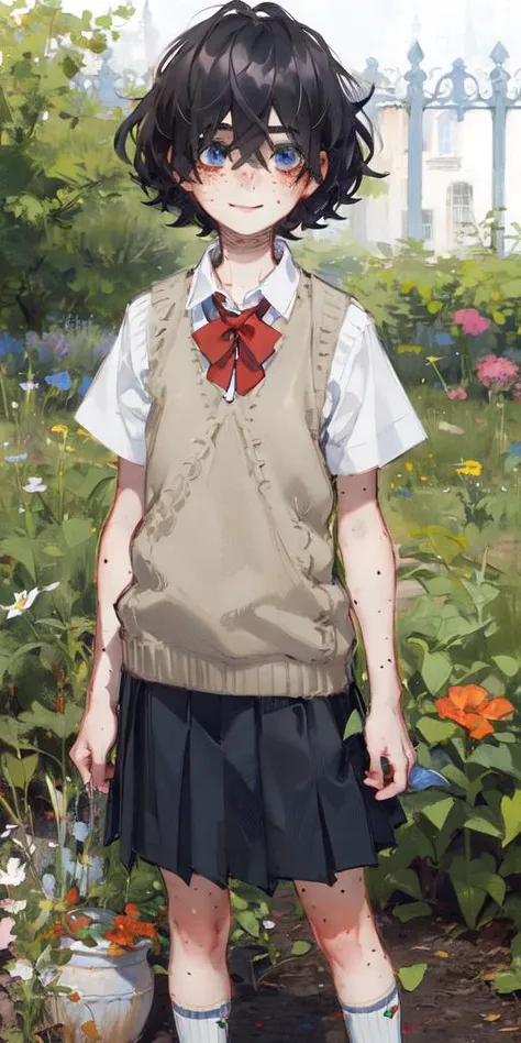 masterpiece, best quality, 1girl, solo,
blush, looking at viewer, slight smile,
popoka, short hair, black hair, (blind eyes), freckles, blue eyes,
white shirt, sweater vest, pleated skirt, bow on shirt, sneakers, school socks,
garden,
<lora:popoka:0.9>