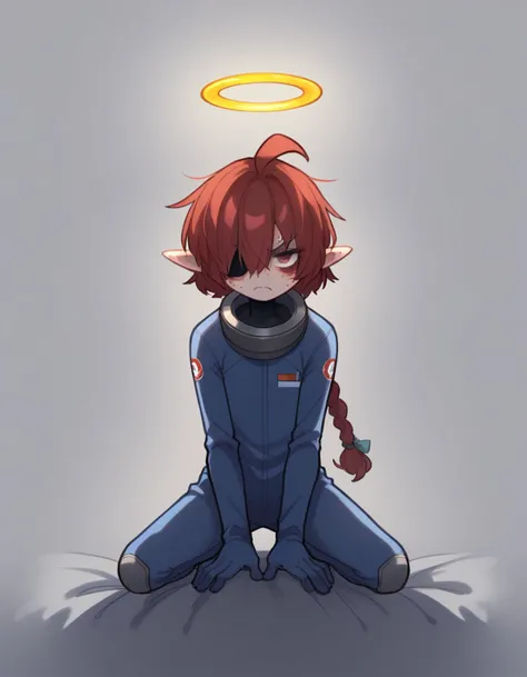 zPDXL, score_9, score_8_up, score_7_up, source_anime,
1girl, solo, <lora:Popoka_v2:1> ppka, angry, straddling, astronaut wearing a blue flight suit,insulated gloves,anti-gravity boots,, <lora:Nullantwins:0.8> Lynn, red hair, red eyes, (hair over one eye), braided ponytail, halo, freckles, bags under eyes, jitome, ahoge, pointed ears, flat chest, eyepatch,