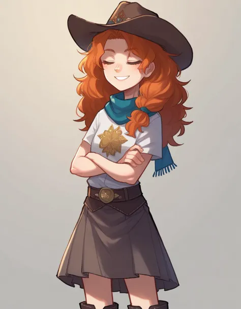 zPDXL, score_9, score_8_up, score_7_up, source_anime,
1girl, solo, <lora:Popoka_v2:1> ppka, Merida \(Brave\), red hair, messy hair, (closed eyes:1.2), smile, crossed_arms, cowboy wearing Suede shirt with fringe, suede skirt with beadwork, cowboy hat with feather accents, suede cowboy boots, scarf,whip slung over the shoulder,