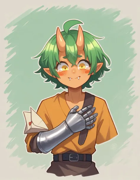 zPDXL, score_9, score_8_up, score_7_up, source_anime,
1girl, solo, <lora:Popoka_v2:1> ppka, <lora:OgerXL-15:0.7> ogerpon, fangs, personification, green hair, messy hair, short hair, ahoge, black horns, blush stickers, yellow eyes, colored skin, orange skin, pointed ears, oni, , little chest, tearing up, waist_hug, (medieval soldier) swordsman, wearing Great helm with nasal guard, mail hauberk with coif, leather belt with brass buckle, steel gauntlets with embossed designs, steel-plated cuisses, holding War pick with reinforced steel tip ,