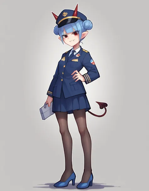 zPDXL, score_9, score_8_up, score_7_up, source_anime,
1girl, solo, <lora:Popoka_v2:1> ppka, light smile, body bridge, flight attendant wearing Sleek navy blue uniform with a fitted jacket, knee-length skirt, opaque stockings, navy blue heels, flight attendant hat, first aid kit,, <lora:Nullantwins:0.8> Zhuu, blue hair, red eyes, pointy ears, red horns, demon tail, small breasts, fangs out, double bun, blunt bangs,