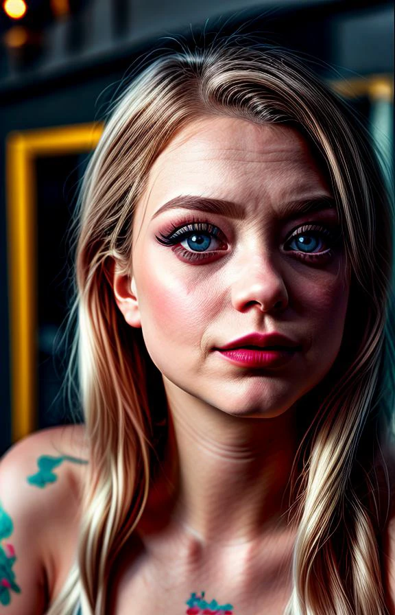 (extreme closeup:1.25) of (DEN_setaya_SG), with colorful paint on his face, a digital painting, behance contest winner, mesmerizing blue eyes, name is Harley Quinn, vibrant eyes, (with extremely detailed skin and round eyes with extremely detailed pupils and irises and parted lips), the album is called Harley Quinn, Straight Long Light Blonde Wavy Hair, perfect coloring, imagine fx, detailed art in color, aura jared and wires, ryan gosling, solid coloring <lora:PotatEnhancer_V1_6:0.55> <lora:difConsistency_detail:0.25> <lora:more_details:0.45> <lora:speedy1p5:1.15>