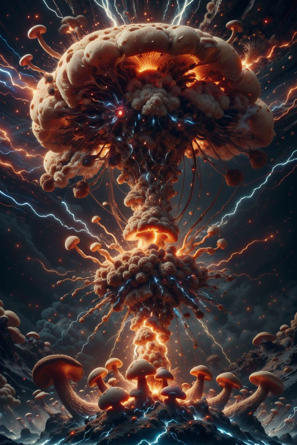 (explosive mushroom cloud:1.2), intricate, fine hairs, ultrafine detail, realistic, perfect exposure,
<lora:MyceliumTech:0.65> myceliumtech, scifi, Psychedelic , Mycelia, spongy <lora:sharpening_B_1.1:0.2> <lora:Brightness Adjustment_B_1.1:0.2> <lora:ThunderMagic:0.4> thundermagic, excessive energy, charged aura, <lora:difConsistency_detail:.25>